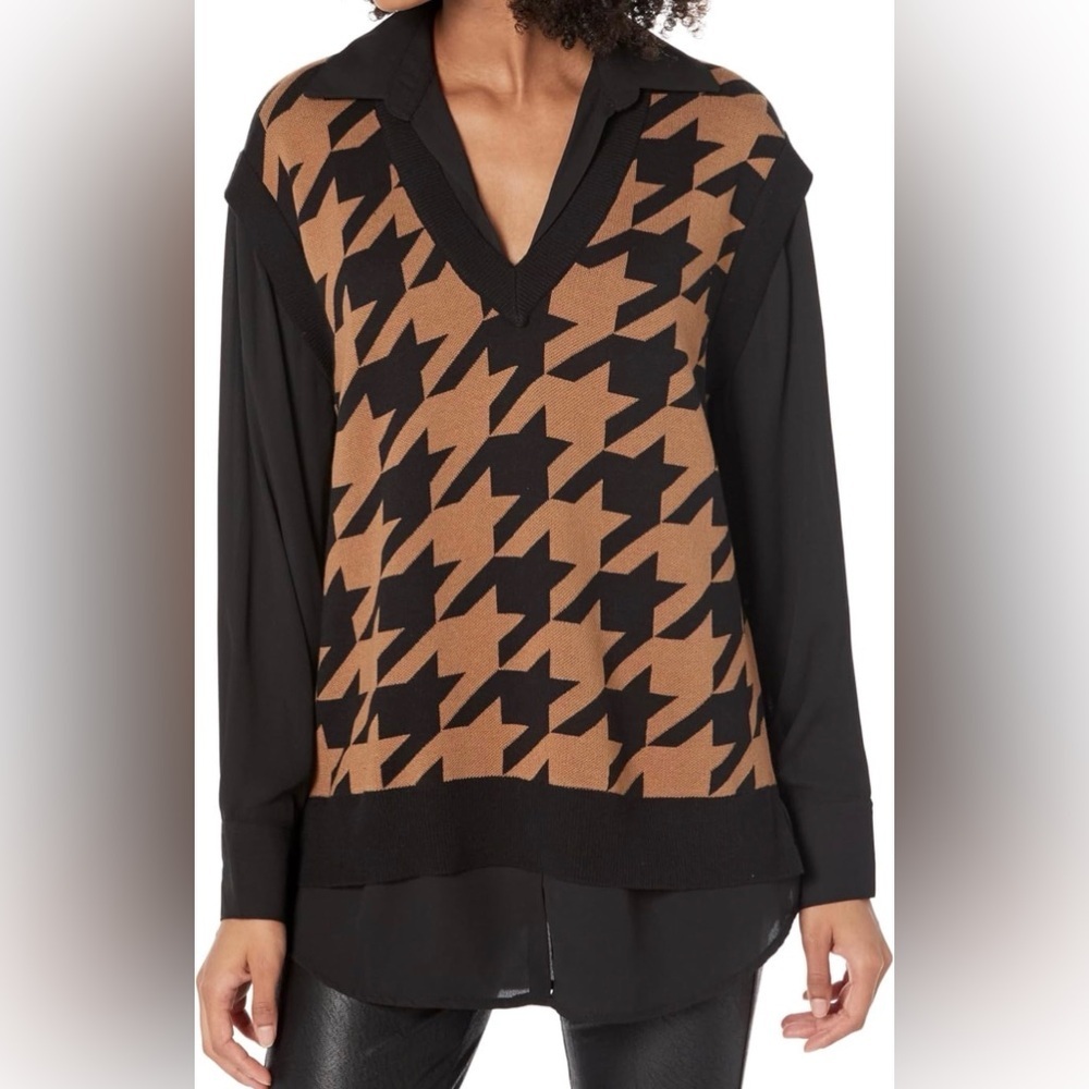 Anne Klein Womens V Neck Sweater Vest Houndstooth Large